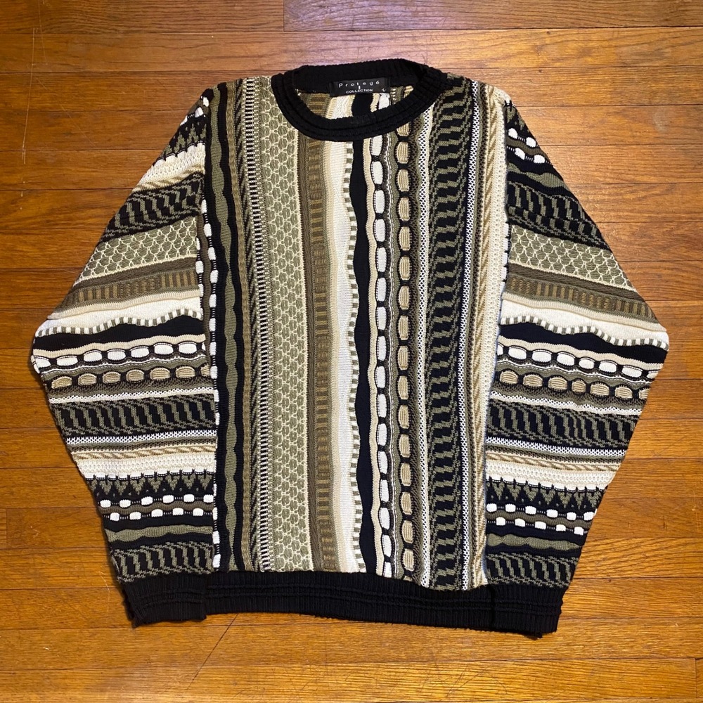 Vintage 90s Protege Collection Coogi Style‎ 3D Knit Sweater Olive Tan Mens Large